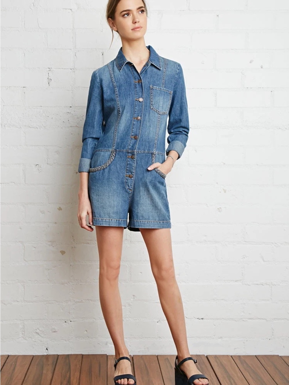 Blue Denim Short Jumpsuit - Women's Jeans Forever 21 2 Long Sleeve Romper